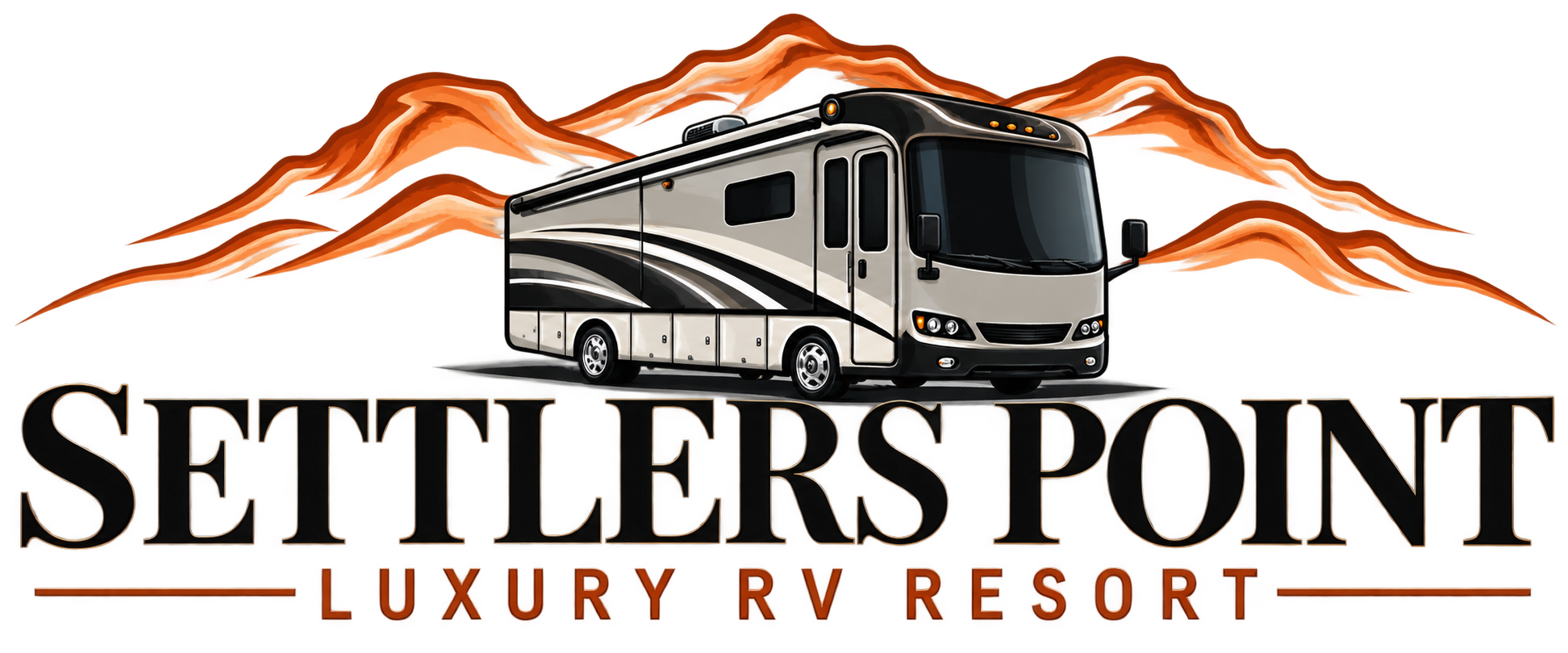 Logo featuring a large motorcoach RV in front of stylized orange mountains with bold text below.