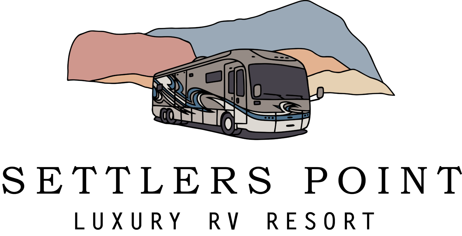 Stylized logo featuring a luxury motorhome with blue accent stripes positioned against layered mountain silhouettes in pink, coral, and blue-gray colors.
