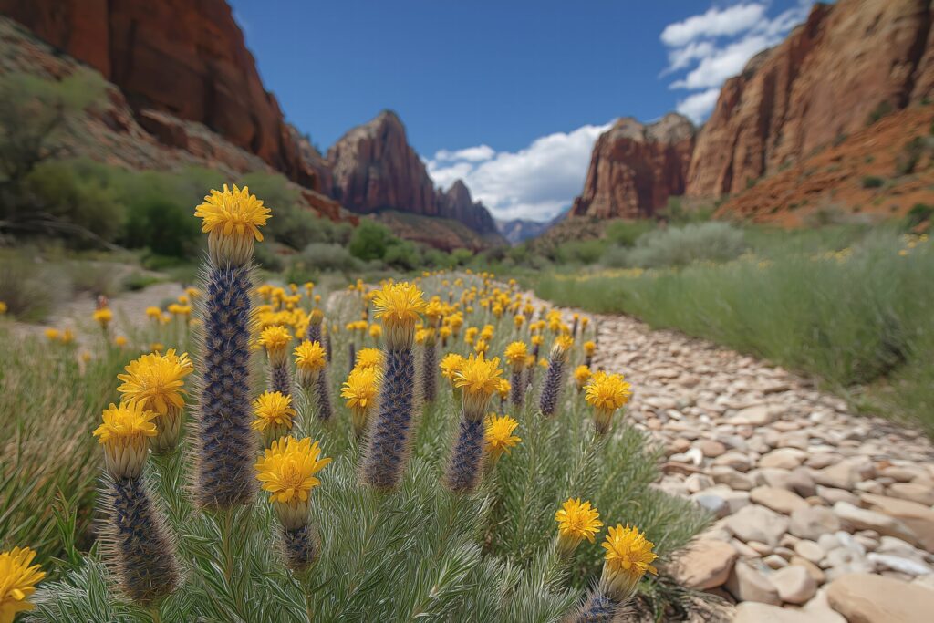 Bright yellow desert wildflowers with spiky stems bloom abundantly along a rocky trail through a stunning red rock canyon.