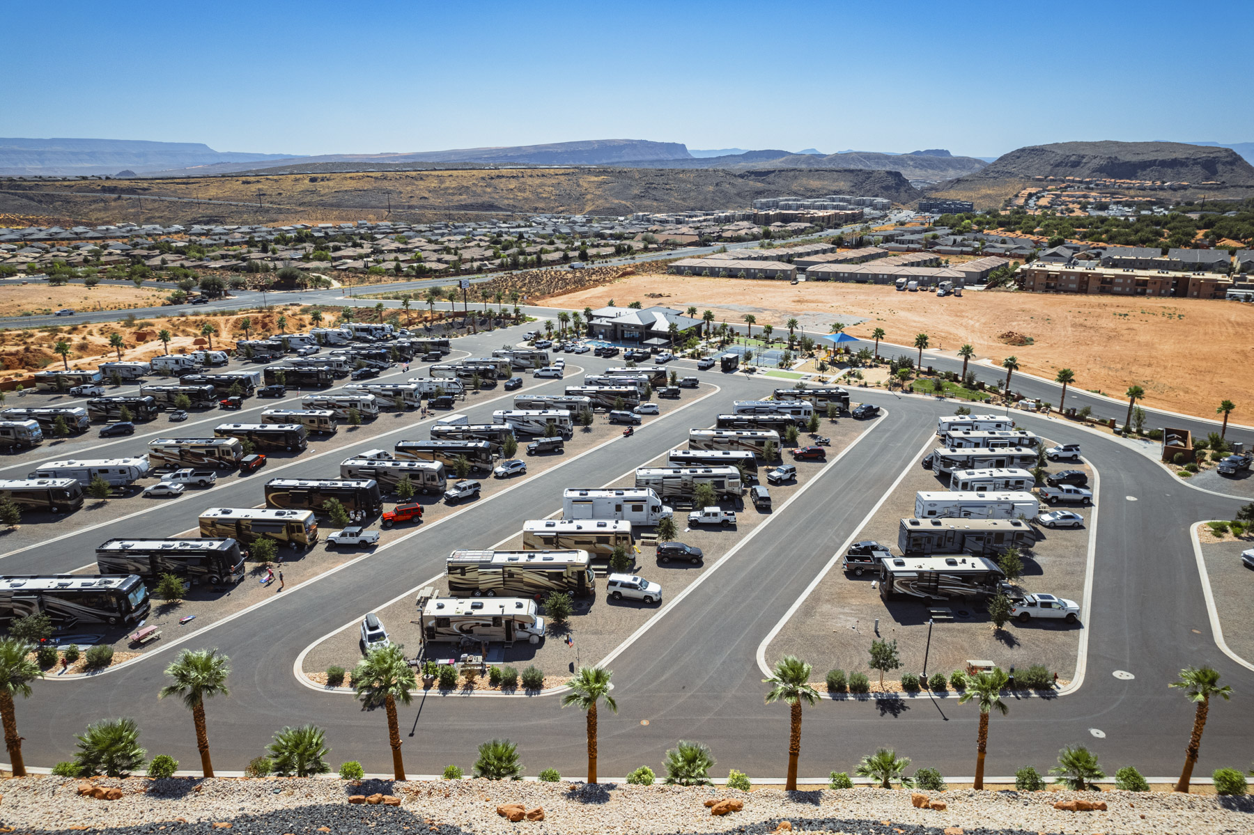 Drone view of Settlers Point Luxury RV Resort showcasing spacious full-hookup RV sites in St. George Utah