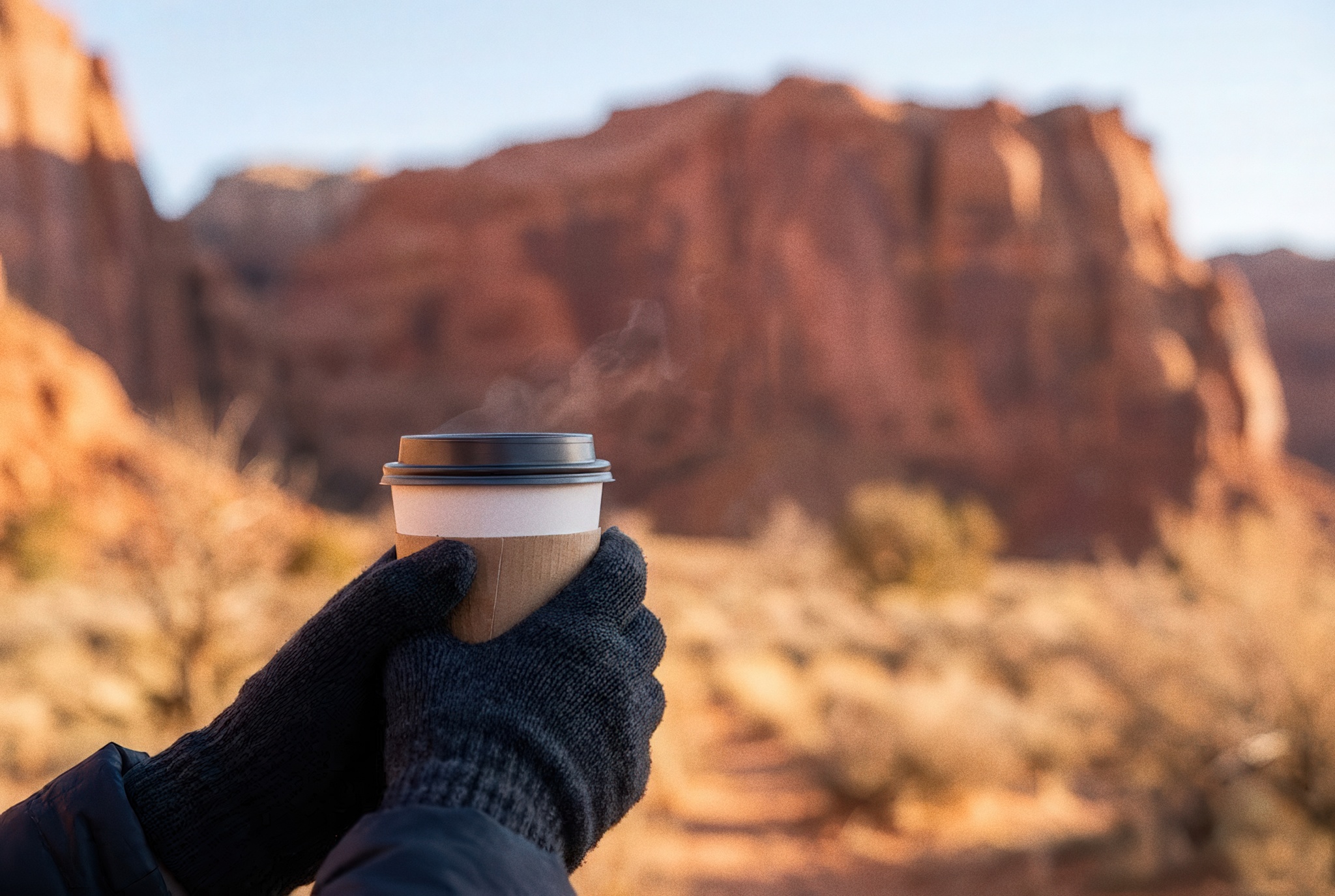 Gloved hands holding a steaming cup of coffee against a backdrop of red rock cliffs near St. George, Utah, during winter.