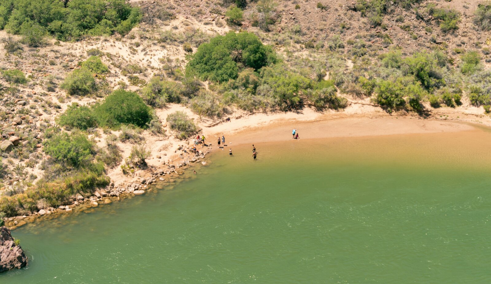A small group of people wading along a sandy shoreline beside calm green water.